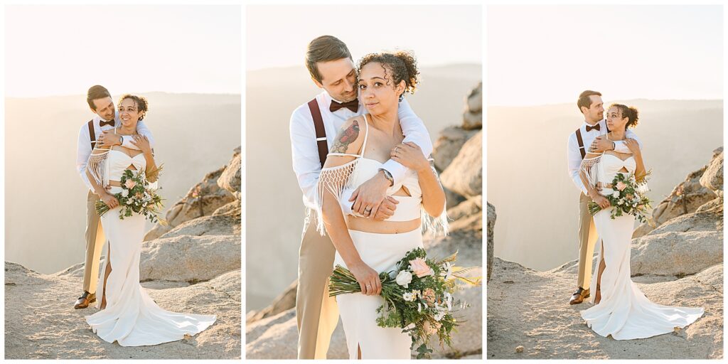 A bride and groom embrace at Taft Point during their sunset elopement, with the bride holding a bouquet and the golden sunlight highlighting the Yosemite cliffs in the background.