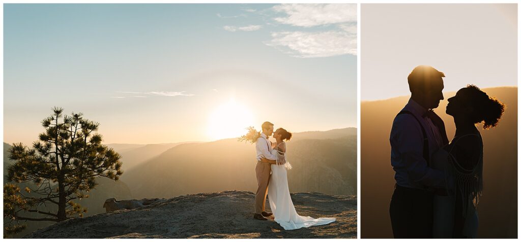 A couple embracing at sunset on the cliffs, silhouetted against the golden light.