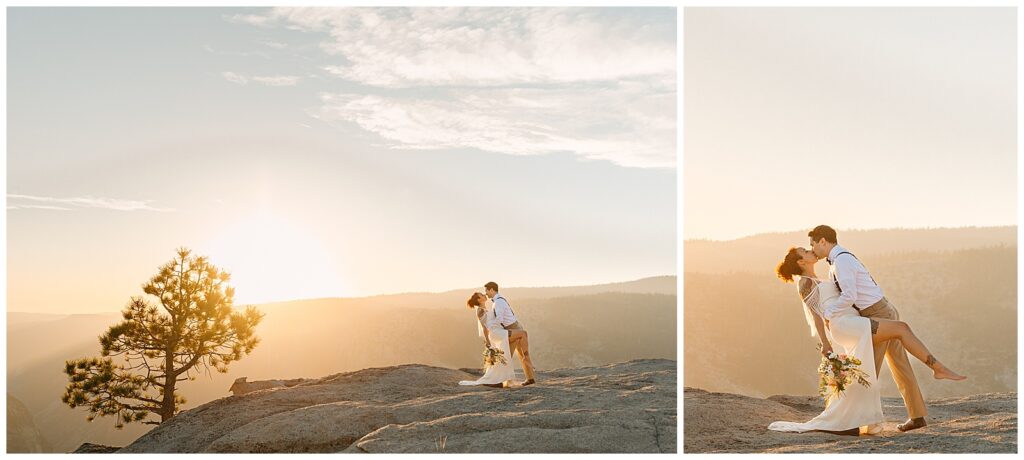 A couple embracing on a cliff at Taft Point during sunset, with golden light casting a romantic glow over Yosemite Valley.