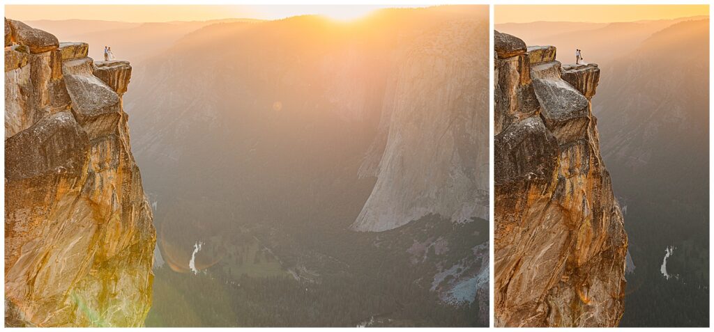 A couple standing on the edge of Taft Point at sunset, with golden light illuminating the Yosemite Valley below.