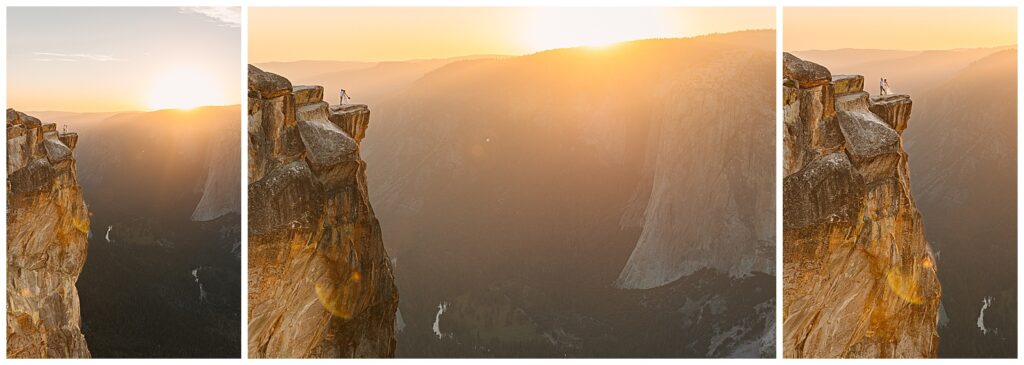 A couple standing on the edge of Taft Point at sunset in Yosemite National Park, with vast cliffs and sun rays illuminating the scene.