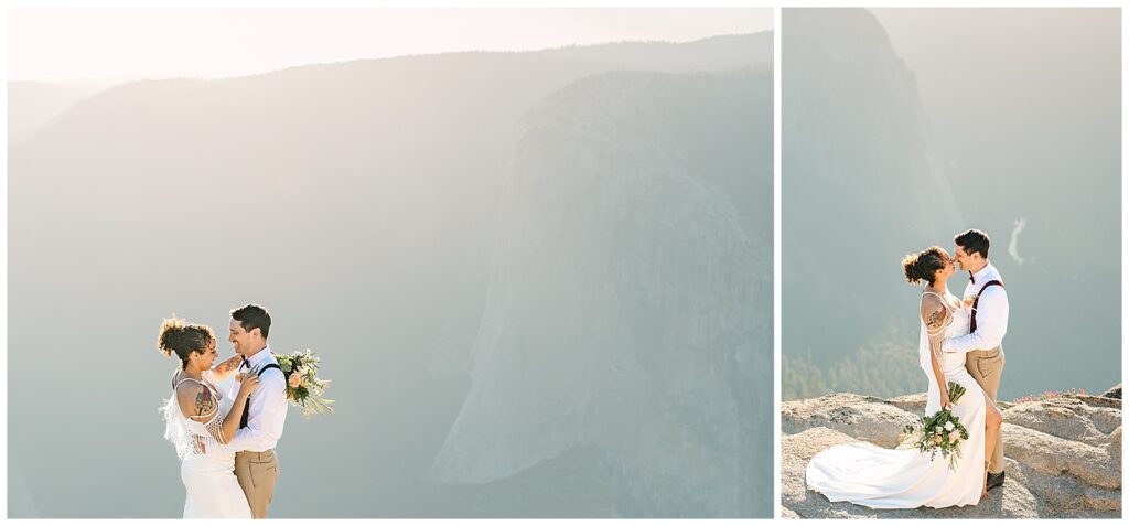 A couple embraces on the edge of Taft Point in Yosemite, with sheer cliffs and the vast valley below them bathed in soft morning light.