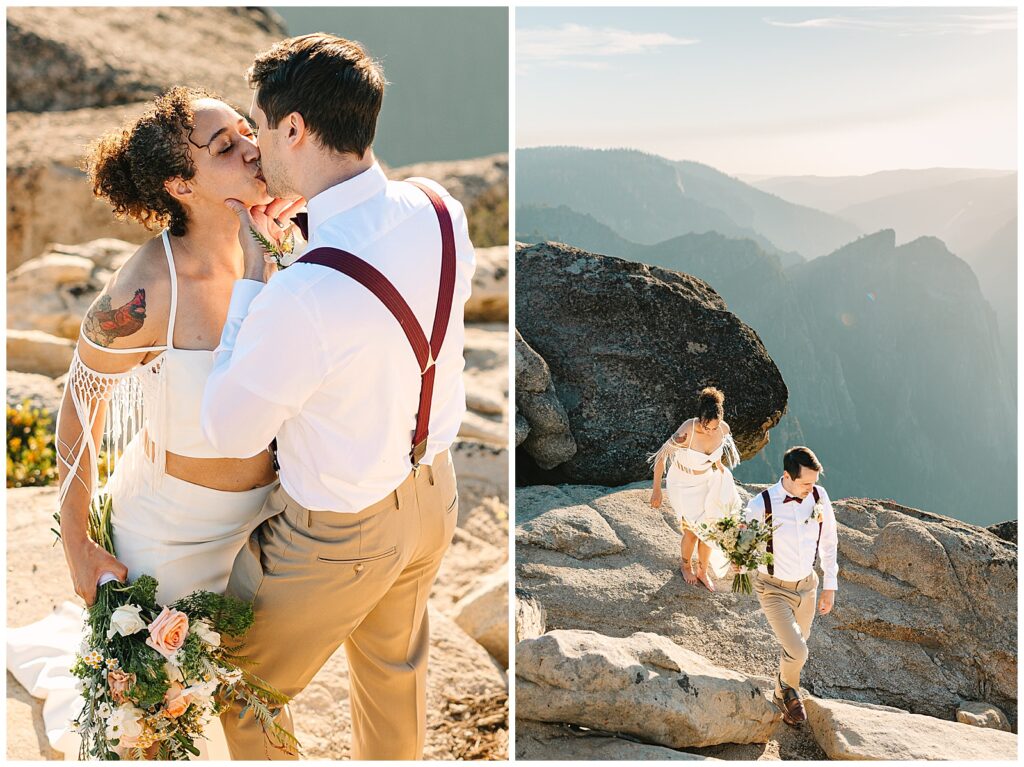 A couple kisses while holding a bouquet, followed by them walking barefoot along the rocky path during their Elopement.