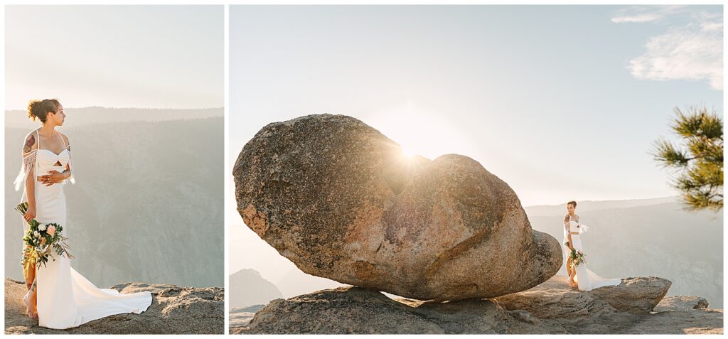 A bride standing barefoot, holding a bouquet as the golden sunlight casts a glow behind a large boulder, with dramatic cliffs visible in the distance.