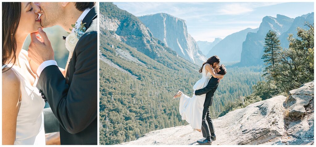 Bride and groom sharing an intimate kiss and joyful embrace at Tunnel View in Yosemite