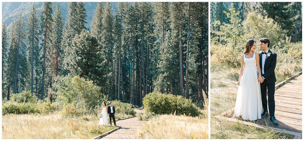 ride and groom walking along a wooden path surrounded by tall pine trees in Yosemite National Park