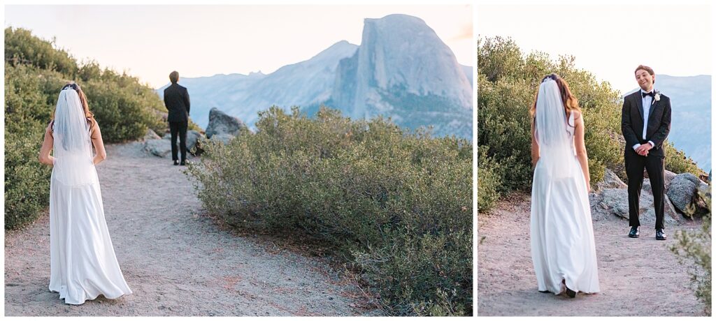 Bride and groom's emotional first look before sunrise ceremony at Glacier Point, Yosemite