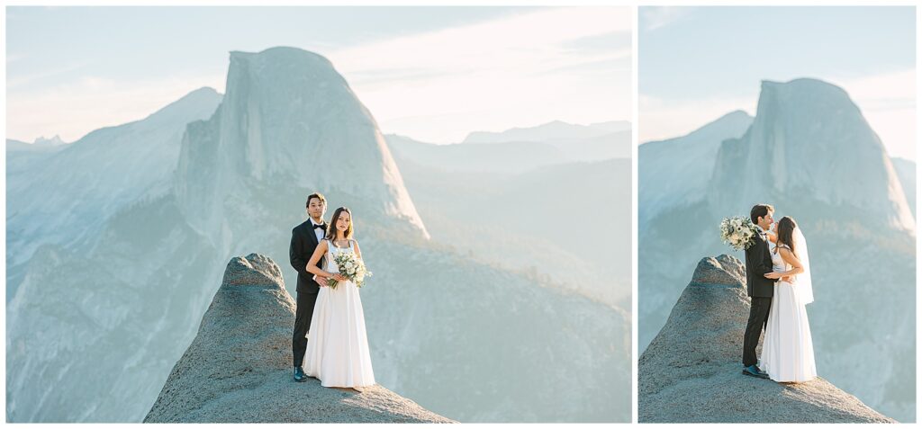 Bride and groom standing on a rock ledge with Half Dome in the background, holding a bouquet and sharing an intimate moment during the Elopement