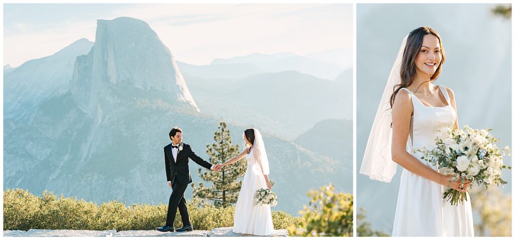 Bride and groom holding hands in front of Half Dome at Yosemite, with the bride smiling and holding a bouquet