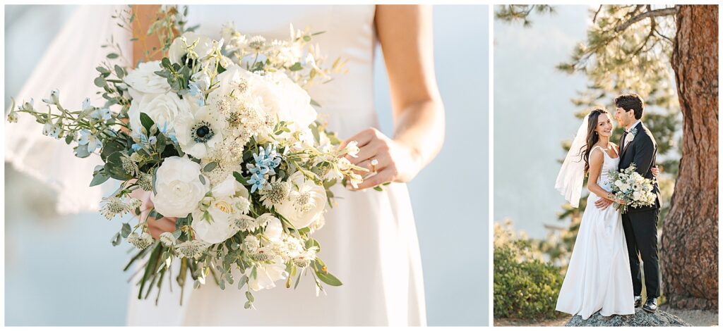 Close-up of the bride’s bouquet filled with white and blue flowers, and a photo of the bride and groom standing together, smiling with the bouquet in hand.