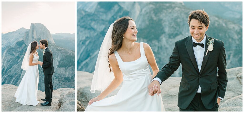 Bride and groom sharing a kiss with Half Dome in the background, and a close-up of the bride smiling at the groom while holding hands.