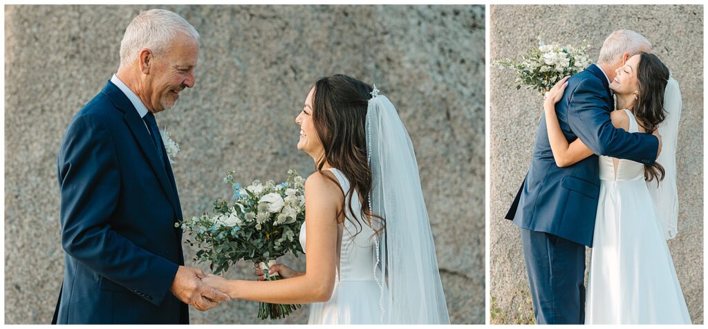 ride and father hold hands and embrace during a first look at Yosemite wedding