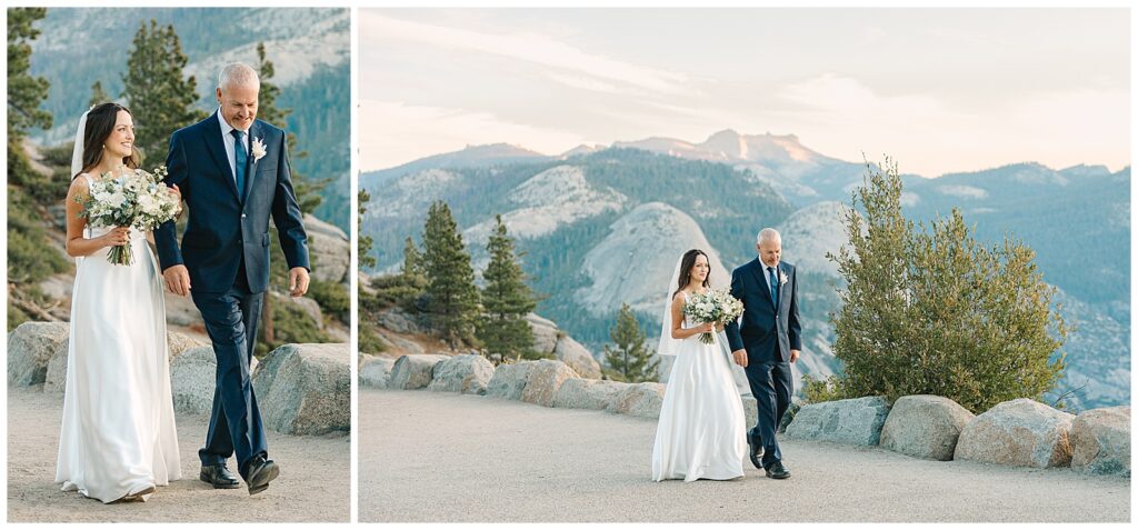 Bride walking down the aisle with her father at Glacier Point, Yosemite, with mountain views in the background