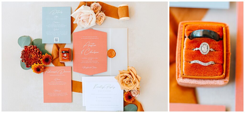 Orange and Blue Wedding Invitations laid out with flowers