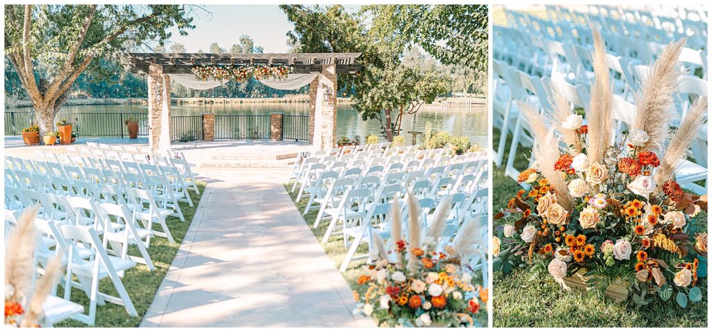 Lakeside ceremony site at wolf lakes park in sanger california on a beautiful fall day with fall flowers shining