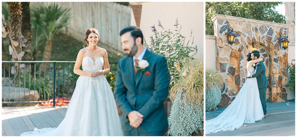 couple having a first-look before their wedding ceremony at wolf lakes park