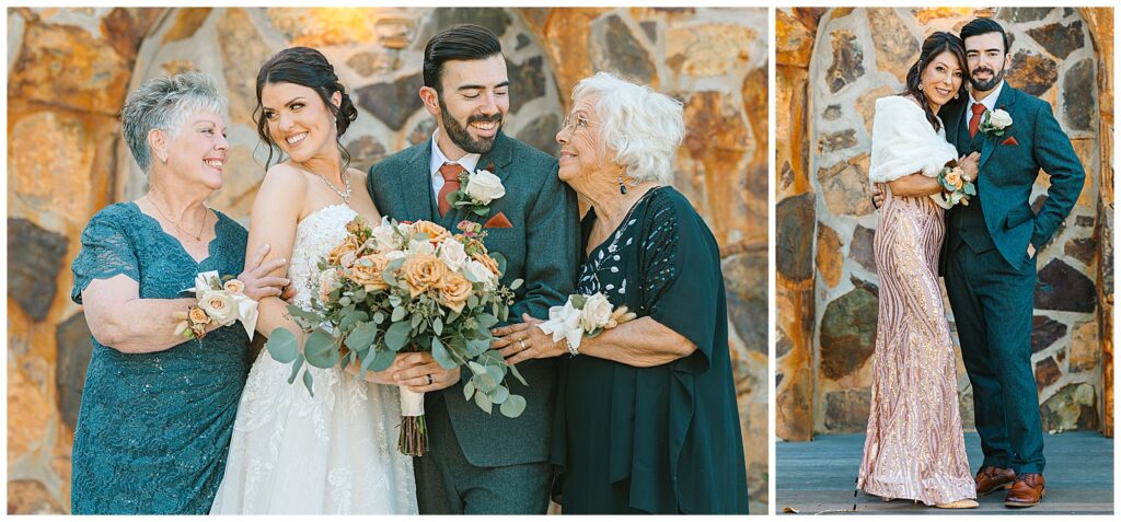 bride and groom smiling at their grandmas on their wedding day at wolf lakes park