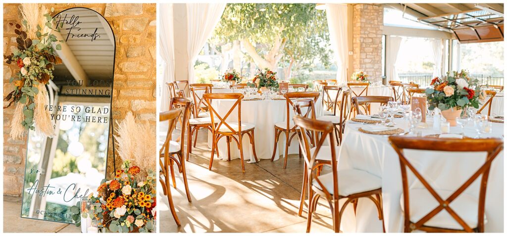 detail image of table decor at wolf lakes park, wooden chairs with orange and red florals on the table arranged beautifully in a vase