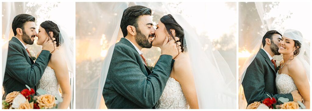 Groom kissing his new wife at sunset during portraits after their wedding ceremony at wolf lakes park