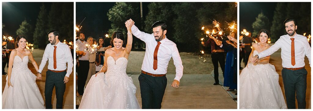 cheers as they run through their sparkler exit to end the night