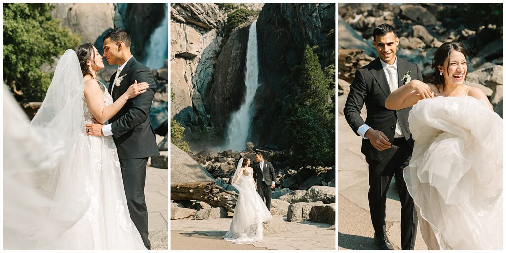 bride and groom posing for portraits in front of lower yosemite falls during their summer elopement as yosemite falls roars in the background